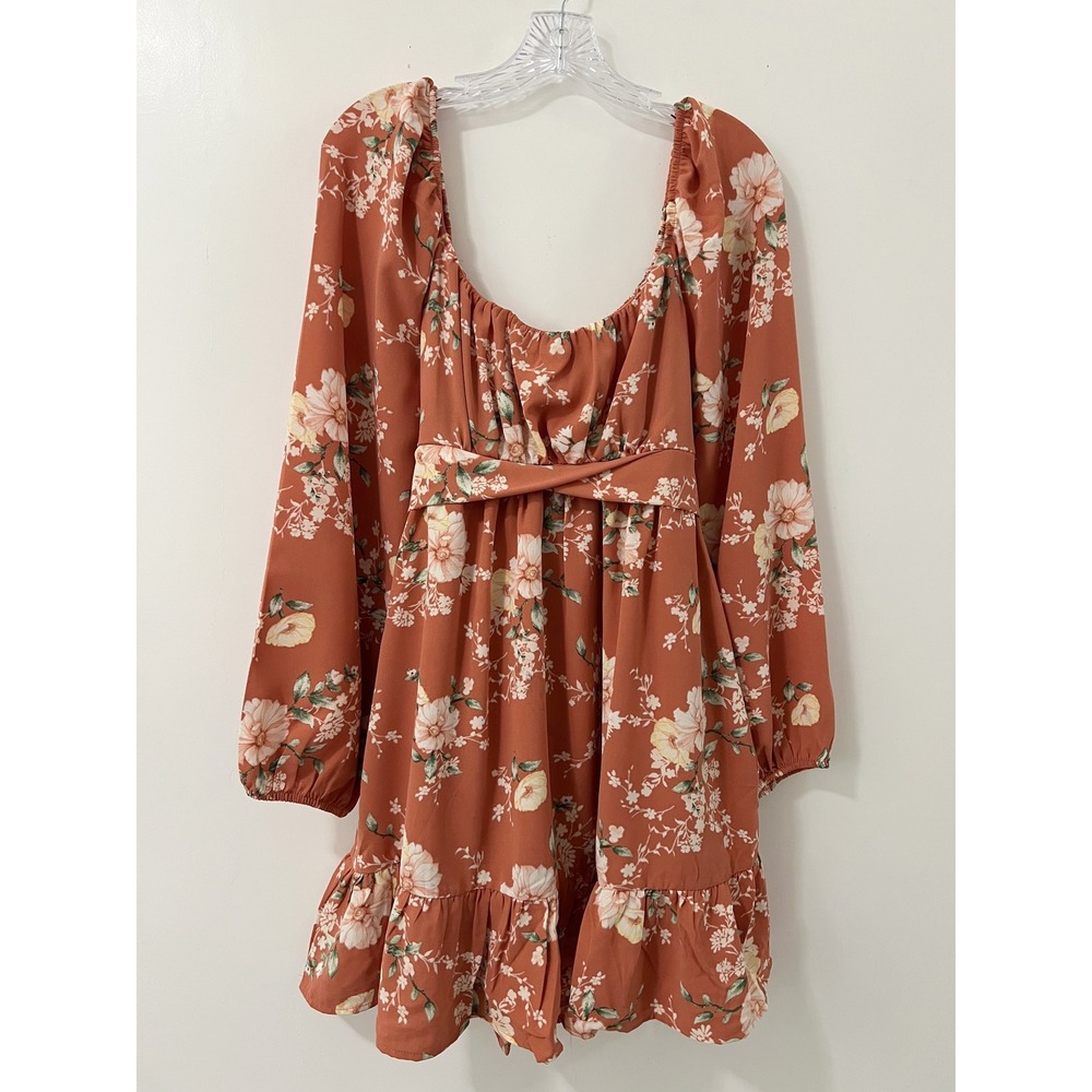 Blu Pepper Dress Terracotta Multi Floral Square Neck Tie Waist Ruffle Mini Large - Picture 3 of 8